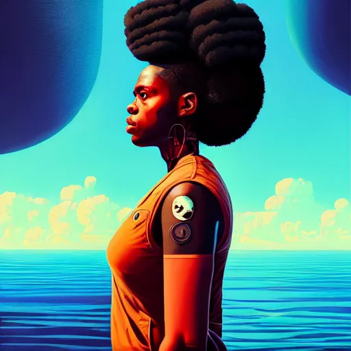 Image similar to portrait of a black woman :: side profile :: blood :: background sea :: intricate details :: oxygen implant :: 8k :: simon stalenhag and Sandra Chevrier