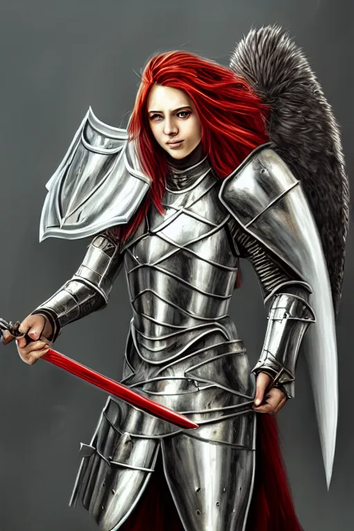 Prompt: Female Knight, DND, D&D, Silver armor, shining, bright red hair, straight hair, sword and shield, ornamental, symmetry, angel-themed, tall, alluring, full body picture, extremely detailed, detailed face, golden eyes, epic, high fantasy, matte painting, trending on artstation, artstationHD, artstationHQ, cgsociety, octane, HD 16K