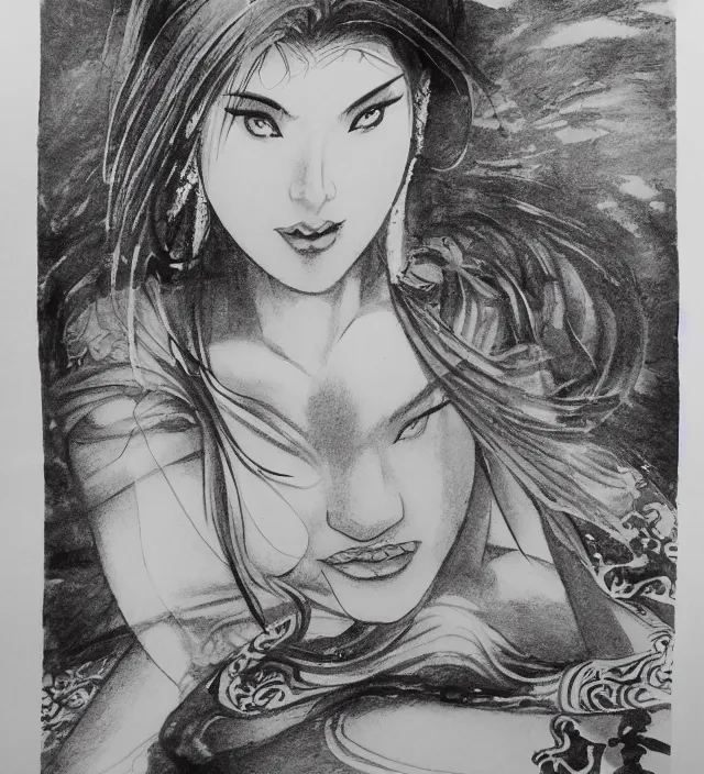 Image similar to taoist buddhist art ink drawing pen pencil painting of a beautiful girl portrait in alex ross frank miller miura kentaro sorayama style detailed trending award winning