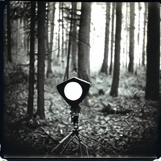 Prompt: Alien in the woods, old polaroid photography, grainy film, black and white