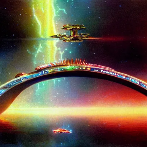 Prompt: floating holographic krang spaceship floating underneath rainbow gate bridge, art by bruce pennington, cinema still, film grain