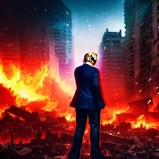 Image similar to hyper realistic, advanced digital art, style of final + fantasy + 1 5, donald trump standing among the rubble of a ruined city at night, gaussian blur, city reflection, 8 8 mm lens, lens flare, fire particle in front, depth of field, close up shot, rim lights wlop