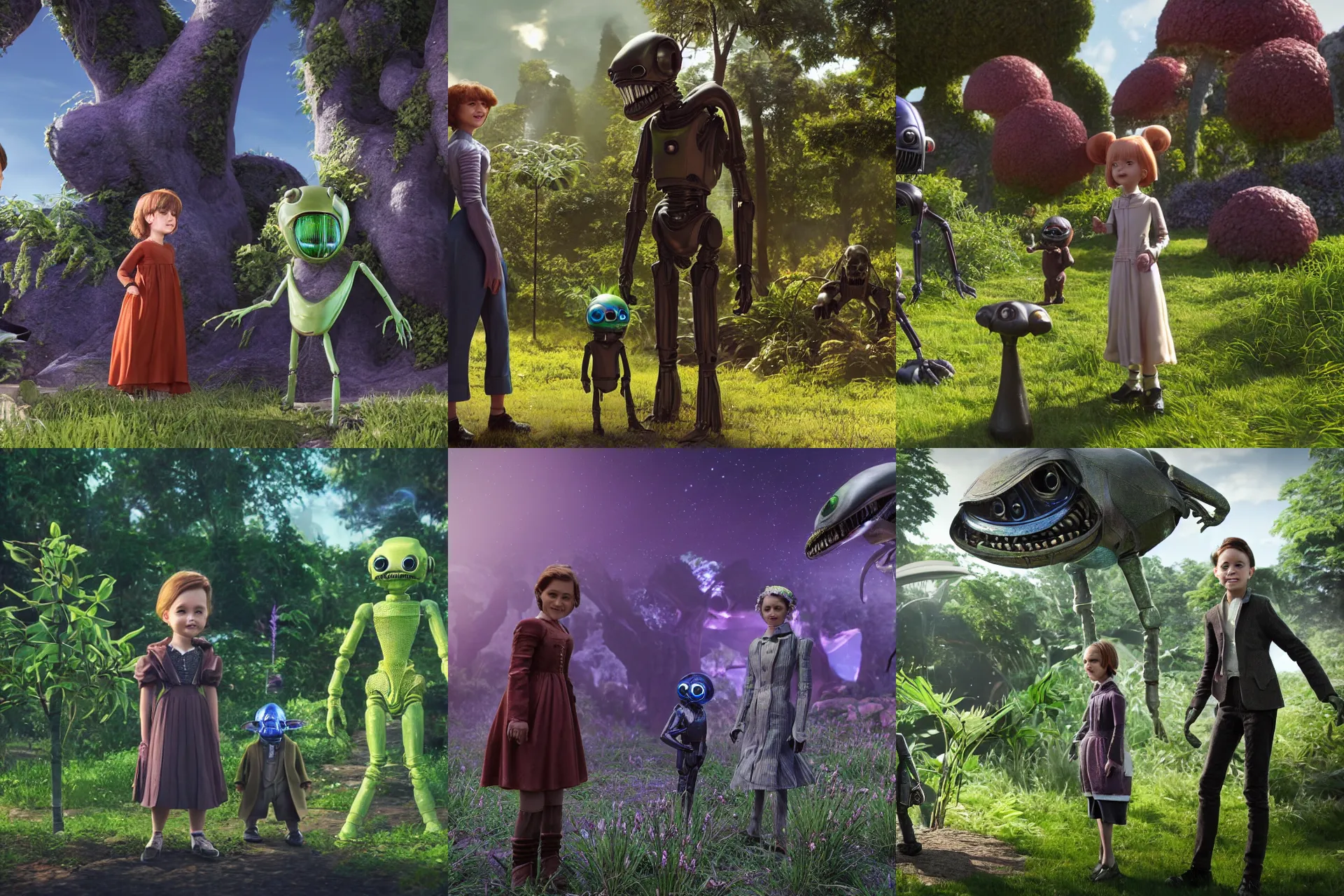 Prompt: a girl and a boy standing next to some alien plants, looking happy, both wearing victorian clothes, their pet droid is nearby, while a small cute alien creature is standing behind them, in a park on a alien planet, ultra realistic facial details, enhanced faces, ultra photorealistic raytracing, 8k