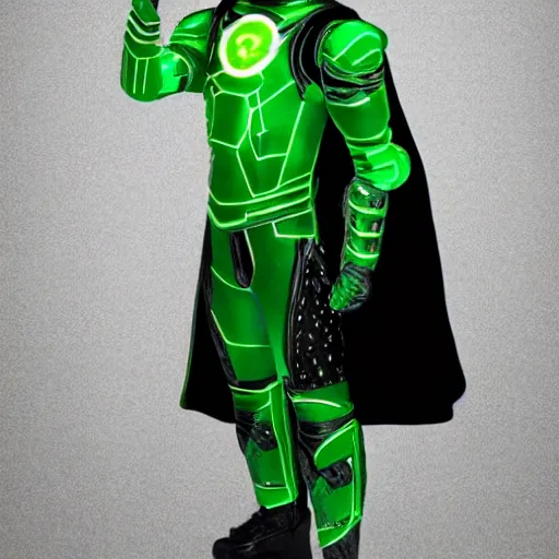 Image similar to sci fi superhero in green and black armor with a long golden cape with green energy coming from his hands