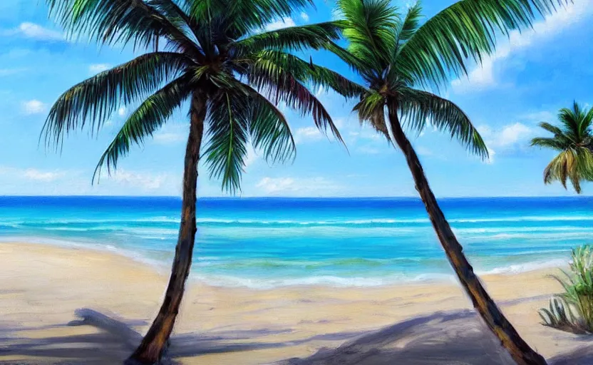 Image similar to A beautiful award winning painting of a tropical beach with palm trees and blue ocean, trending on artstation