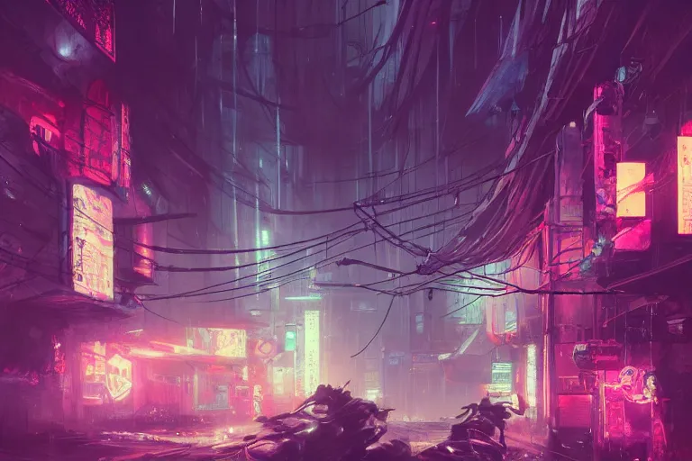 Image similar to abandoned tokyo streets at night lit by neon lights in the year 2049, cyberpunk concept art by pete mohrbacher and seb mckinnon and beksinski and josan gonzales, digital art, highly detailed, intricate, sci-fi, sharp focus, Trending on Artstation HQ, deviantart, unreal engine 5, 4K UHD image