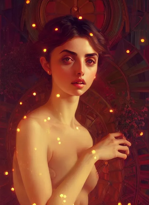 Image similar to portrait of ana del armas, intricate, elegant, glowing lights, highly detailed, digital painting, artstation, glamor pose, concept art, smooth, sharp focus, illustration, art by wlop, alphonse mucha and craig mullins