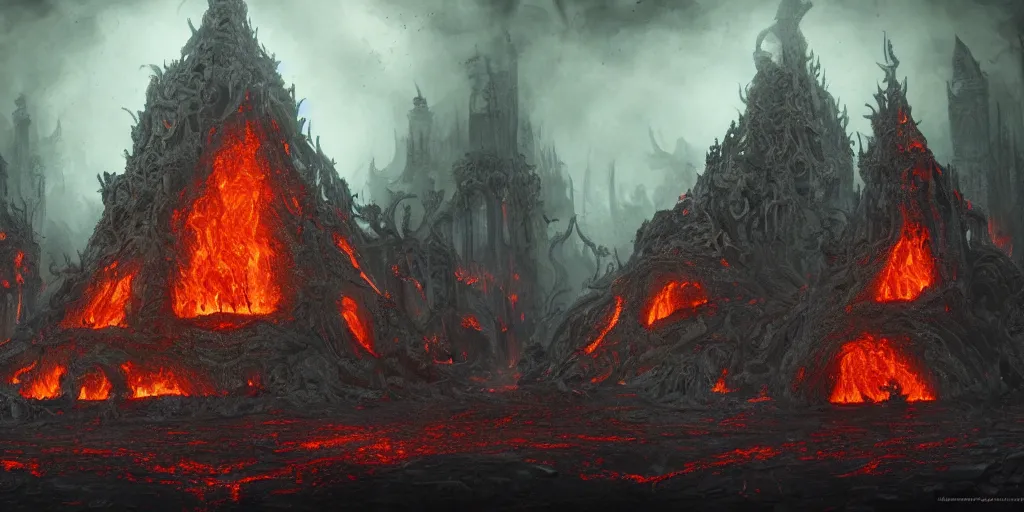 Prompt: a disturbing temple of the undead, grimdark feeling of horror, fire and lava, in psychodelic style of Midjourney, stylized, 8k high details, detailed and intricate, elegant, ornate, horror, elite, ominous, haunting, beautiful digital painting, cinematic, cgsociety, artstation, octane render, 8k, unreal engine