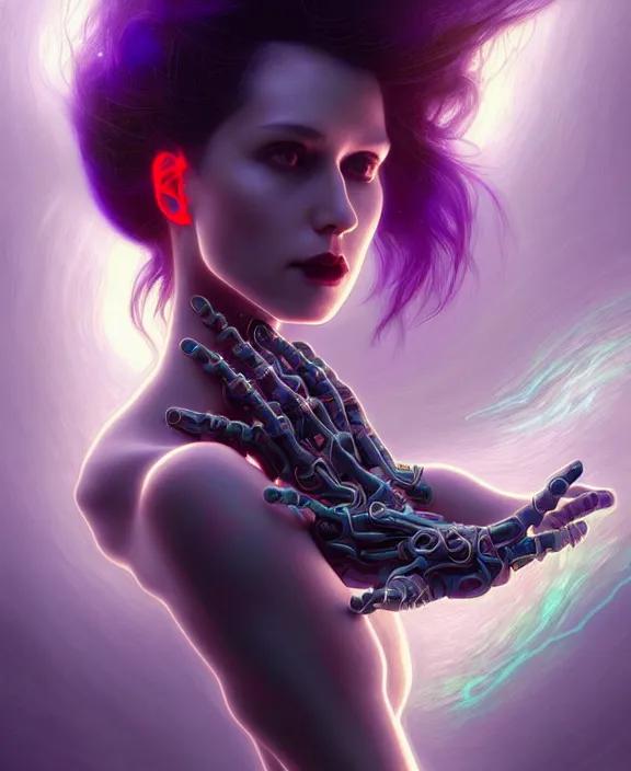 Image similar to a whirlwind of souls rushing inside the metaverse, hologram, half body, neurochip, shaved temple, piercing, jewelry, android, cyborg, cyberpunk face, by loish, d & d, fantasy, intricate, elegant, highly detailed, colorful, digital painting, artstation, concept art, art by artgerm and greg rutkowski and alphonse mucha