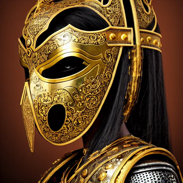 Image similar to full body portrait photo of a female warrior with ornate venetian mask and armour, highly detailed, 8 k, hdr, close up, smooth, sharp focus, high resolution, award - winning photo