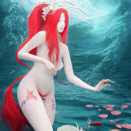 Image similar to albino maiko as a mermaid with very long hair, red and white neon, concept art, intricate details, highly professionally detailed, cgsociety, highly detailed -