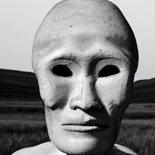 Prompt: head bound elongated cranium steppe people raider face style photo black and white wide angle lense