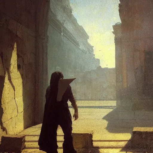 Image similar to half portait of magican wearing a closed cowl with big old book!, jeremy mann, jean leon gerome, tiepolo, alphonse mucha, greg rutkowski, face in the shadows, ( ( ruins of ancient rome ) ), at dusk, mysterious atmosphere, sunrays, dof, masterpiece, high detailed, 8 k