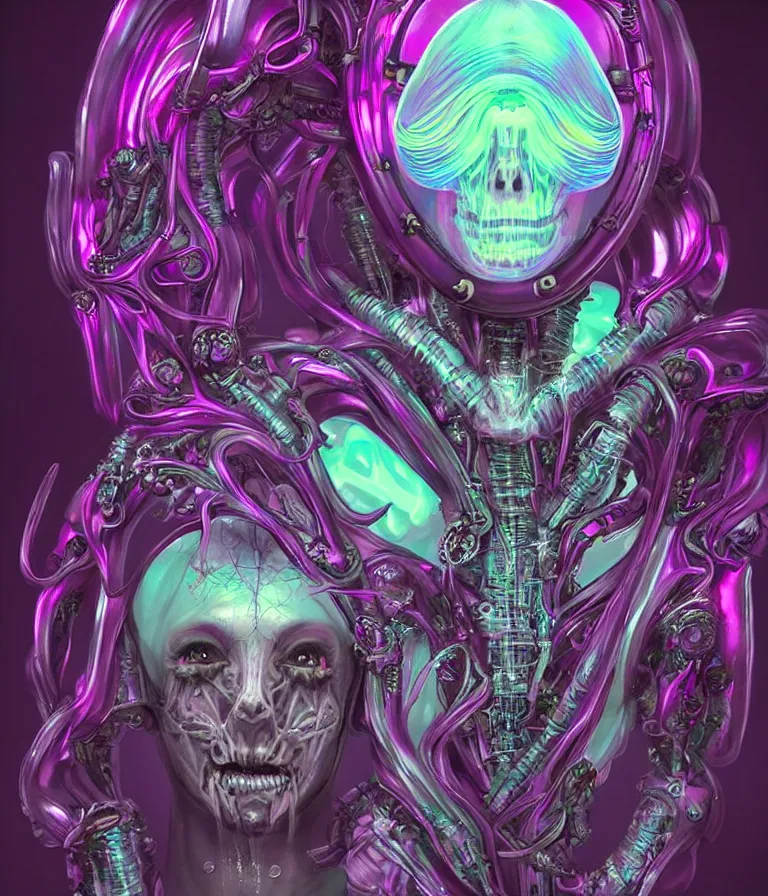 Image similar to fully symmetrical centered iridescent portrait of a beautiful princess demon in robe. skulls artificial muscles, ribcage, bones, hard surface modelling. cyberpunk look. biomechanical mask. bio luminescent biomechanical halo around head. neon jellyfish. artwork by jarold Sng by artgerm, by Eddie Mendoza, by Peter mohrbacher by tooth wu, unreal engine, octane render, cinematic light, high details, iridescent colors, dichroic, macro, depth of field, blur