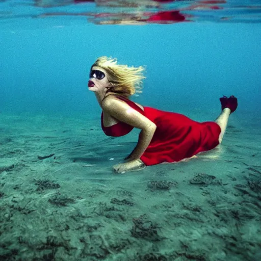 Prompt: pretty woman completely submerged underwater wearing a sundress and red lipstick, eyes closed, drowning in a sea of tears.