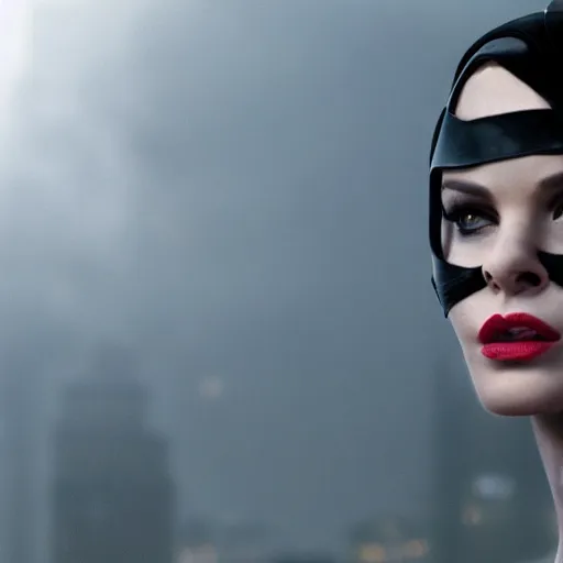 Image similar to real-life Catwoman, cinematic, Low angle, atmospheric fog and lighting, directed by Michael Bay, high detail, 8K, movie still