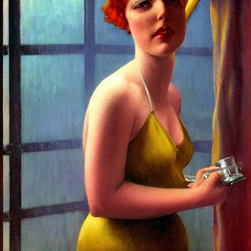 Prompt: oil painting of realistic woman, 1 9 3 0 s decopunk penthouse pleasure factory, rain and smoke, dramatic lighting, tech noir, wet skin, atmospheric, ambient, rupert everton, wlop, george tooker, gil elvgren, grant wood, alexis flower, hopper, mucha, whistler, norman rockwell, peter max, livia prima,