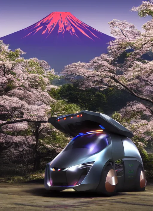 Image similar to a futuristic magical solarpunk tesla cyber truck vehicle hover craft in the future of 2 0 8 9 futuristic version, dieselpunk look, intricate modular automotive parts shape, aero dynamic, digital art. trending on art station. cyberpunk look hovering by mount fuji early in the morning with a few blossom trees around, high quality photo