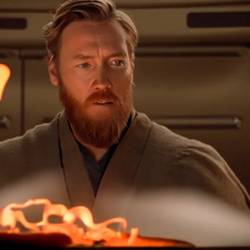 Prompt: A still of Obi-Wan Kenobi making a pizza, 4k, photograph, ultra realistic, highly detailed, professional lighting