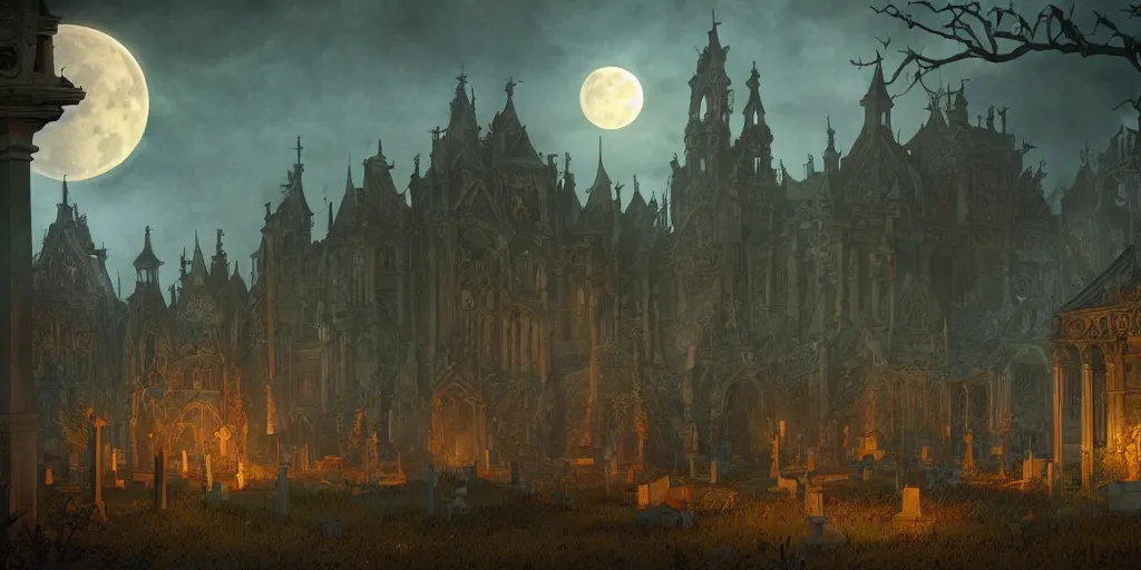 Image similar to an ultra detailed animation of a graveyard at midnight on halloween, digital art, dark fantasy, concept art, soulslike, by alphonse mucha, blood moon eclipse, ruined building in the background, artstation, 8 k, unreal engine render