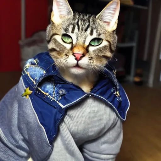 Prompt: photo of cat wearing jacket cowboy