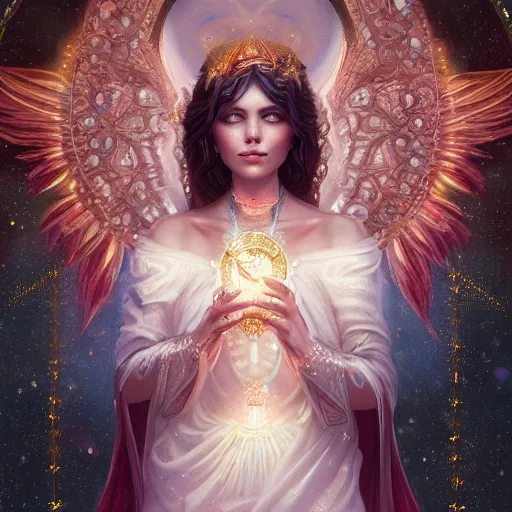 Image similar to A beautiful digital painting of a female Seraphim full of jewels, princess, the moon behind her, intricate, cinematic lighting, highly detailed, digital painting, Artstation, concept art, smooth, sharp focus, illustration, art by Tom Bagshaw, Artgerm and Greg Rutkowski