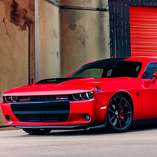 Prompt: woman with long black hair wearing red clothes standing next to a red 2021 dodge challenger r/t, 8k, detailed face,