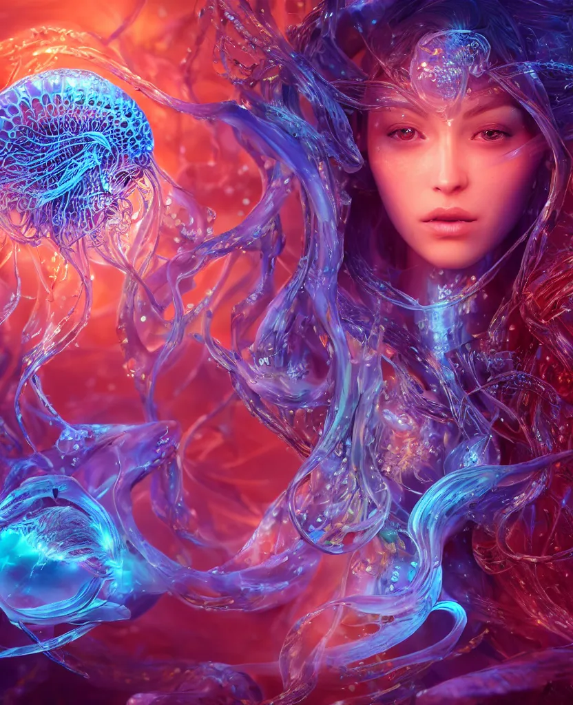 Image similar to close-up macro portrait of the face of a beautiful princess, epic angle and pose, symmetrical artwork, 3d with depth of field, blurred background, cybernetic jellyfish female face skull phoenix bird, translucent, nautilus, energy flows of water and fire. a highly detailed epic cinematic concept art CG render. made in Maya, Blender and Photoshop, octane render, excellent composition, cinematic dystopian brutalist atmosphere, dynamic dramatic cinematic lighting, aesthetic, very inspirational, arthouse. y Greg Rutkowski, Ilya Kuvshinov, WLOP, Stanley Artgerm Lau, Ruan Jia and Fenghua Zhong