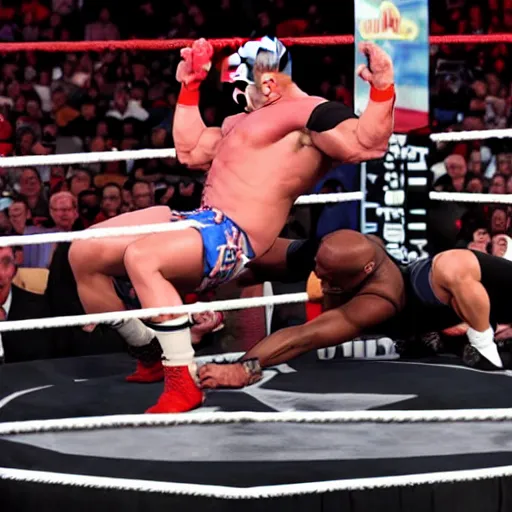 Prompt: john cena bodyslamming donald trump in wwe