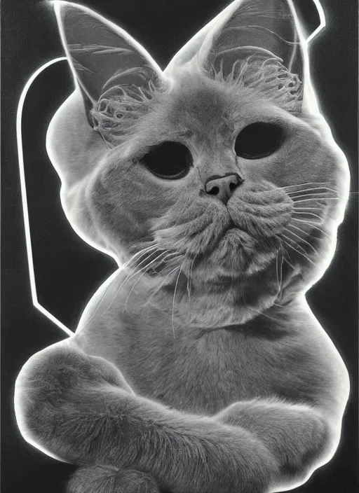Image similar to futuristic lasers tracing, laser cat, selkirk rex longhair, by steven meisel, kaws, rolf armstrong, mondrian, kandinsky, perfect geometry abstract acrylic, octane hyperrealism photorealistic airbrush collage painting, dark monochrome, fluorescent colors, minimalist rule of thirds, eighties eros
