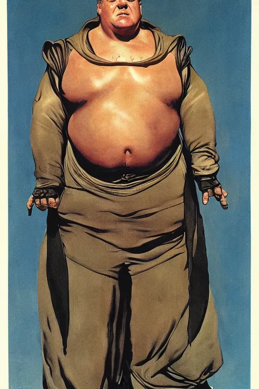 Image similar to dynamic upper body portrait of ray winstone as baron harkonnen in 1982 movie dune, by norman rockwell and boris vallejo