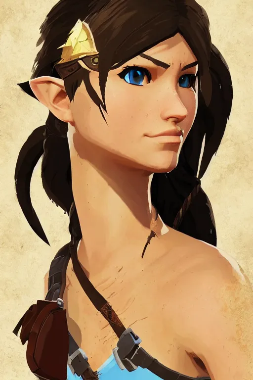 Prompt: an in game portrait of lara croft from the legend of zelda breath of the wild, breath of the wild art style.