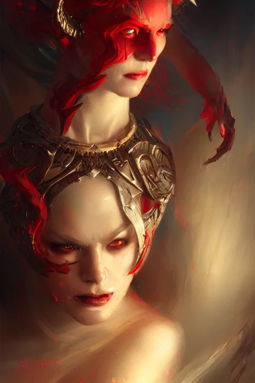 Image similar to portrait of an attractive demon queen with red eyes painting by gaston bussiere, craig mullins, luis rollo, digital painting, highly detailed, artstation, sharp focus, illustration, concept art, high quality