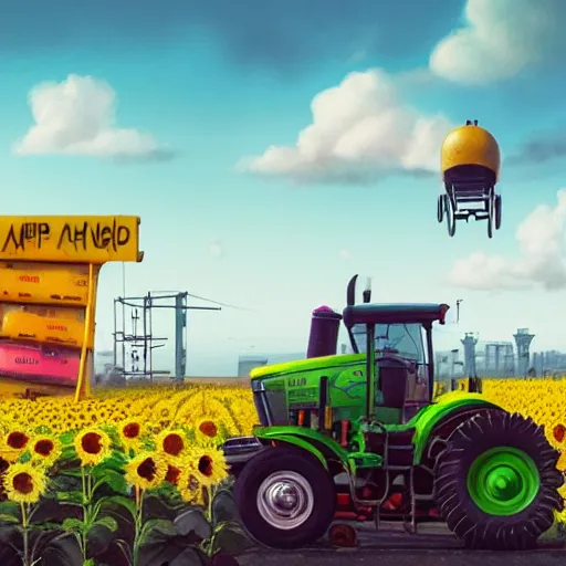 Prompt: hyperrealistic matte painting of cute tractor on the sunflower field, mechanical features and neon, graffiti, scaffolding, smog, destruction by filip hodas, beeple, 4 k, trending on cgsociety