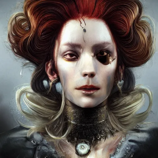 Image similar to portrait, headshot, insanely nice hair style, dramatic hair color, digital painting, of a old 17th century, old cyborg merchant, amber jewels, baroque, ornate clothing, scifi, realistic, hyperdetailed, chiaroscuro, concept art, art by Franz Hals and Jon Foster and Ayami Kojima and Amano and Karol Bak,