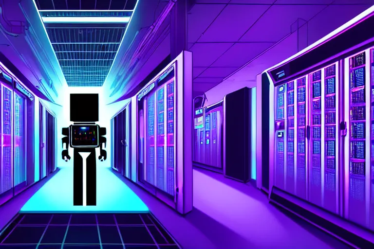 Image similar to realistic robot in a data server room, computers, neon and dark, purple and blue color scheme, by dan mumford, kirokaze and valenberg