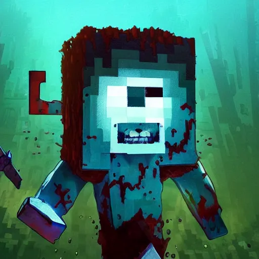 Image similar to painting by greg rutkowski of a minecraft drowned zombie with glowing cyan eyes, wearing ragged clothing and and algae growing on it, holding a trident, underwater