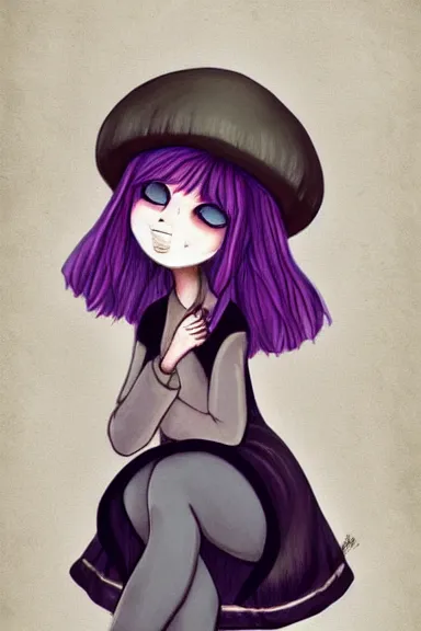 Image similar to a little girl wearing a mushroom hat in dress sitting | | purple curvy hair, pretty face, fine details, digial art by lois van baarle, anatomically correct, perfect composition, symmetrical, fantastic, clean details, anime character, extremely detailed