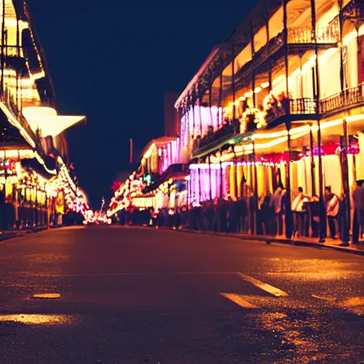 Image similar to golf carts driving down bourbon street in new orleans at night. cinematic lighting