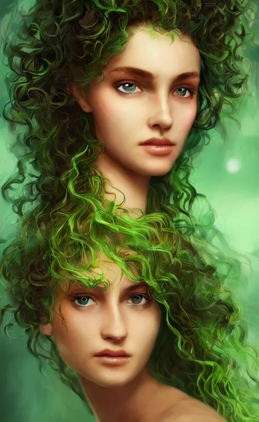 Image similar to a young woman with wild, curly hair and bright green eyes. she's wearing a flowing dress made of light, airy fabric and she has a mischievous look on her face, dynamic lighting, photorealistic fantasy concept art, trending on art station, stunning visuals, creative, cinematic, ultra detailed