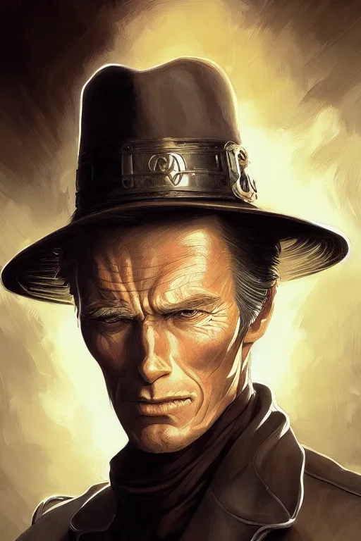 Image similar to young clint eastwood as full metal alchemist, portrait, western, duster, fantasy, intricate, elegant, highly detailed, digital painting, artstation, concept art, sharp focus, illustration, art by artgerm and greg rutkowski and alphonse mucha