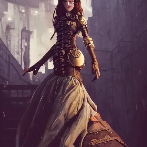 Image similar to an attractive women in a steampunk style high cut dress by greg rutkowski, sung choi, mitchell mohrhauser, maciej kuciara, johnson ting, maxim verehin, peter konig, 8 k photorealistic, cinematic lighting, hd, high details, dramatic, dark atmosphere, trending on artstation