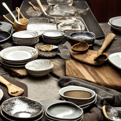 Prompt: photograph of a kitchen counter piled with dirty!!! dishes. dirty plates and dirty cups stack three or four dishes high. dirty forks knives and spoons are standing up in a clear dirty glass in the pile of dirty dishes