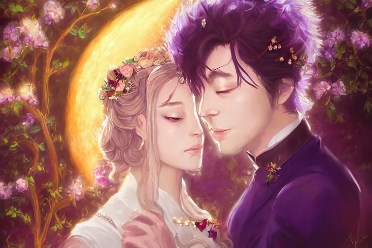 Image similar to a cinematic portrait of wedding photograph jpeg close up moment of a divine a japan sun god and moon goddess lovers magician at a wedding banquet. portraiture. digital painting. artstation. concept art. wedding photo. digital painting. violet evergarden art masterpiece by art by krenz cushart