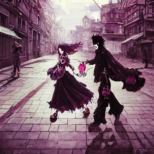 Prompt: goth woman walking on the street, color page, tankoban, 4 k, tone mapping, akihiko yoshida, james jean andrei riabovitchev marc simonetti, yoshitaka amano, long hair, curly, h. hydrochaeri