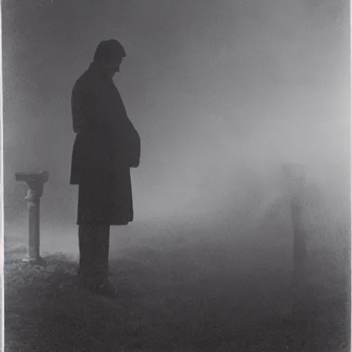 Image similar to a soul looking at his grave, night, fog, 1 9 0 0's photo