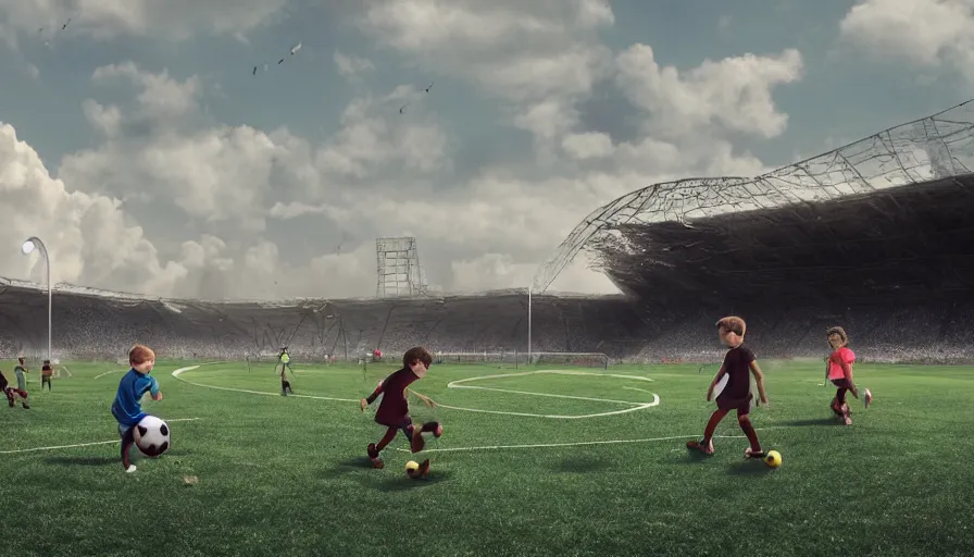 Image similar to kids playing soccer in destroyed rfk stadium in washington dc, cloudy day, hyperdetailed, artstation, cgsociety, 8 k