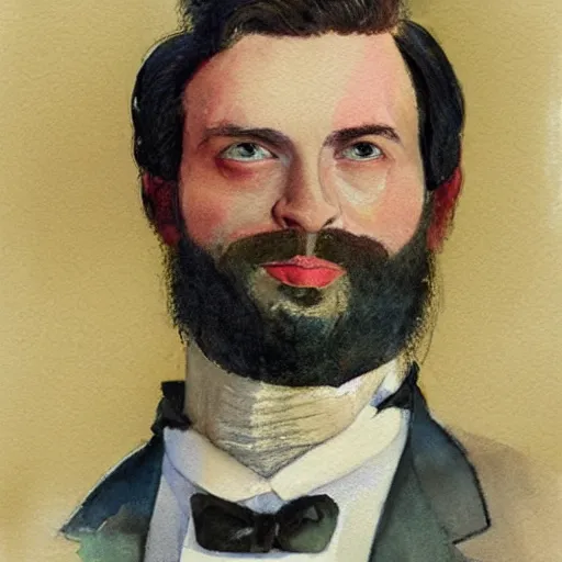 Image similar to Portrait of a handsome man with thick mutton chops. shaved chin, wearing a suit. colorful necktie, pale white face, long messy hair, long hair, ((red)) baggy eyes, tired eyes, tired face, disco smile, watercolor, brushstrokes, high detail, artstation, medium detail, by Ilya Repin and Dave McKean