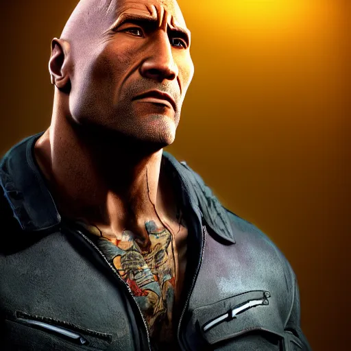 Prompt: dwayne douglas johnson portrait, borderlands, tales from the borderlands, the wolf among us, comic, cinematic lighting, studio quality, 8 k