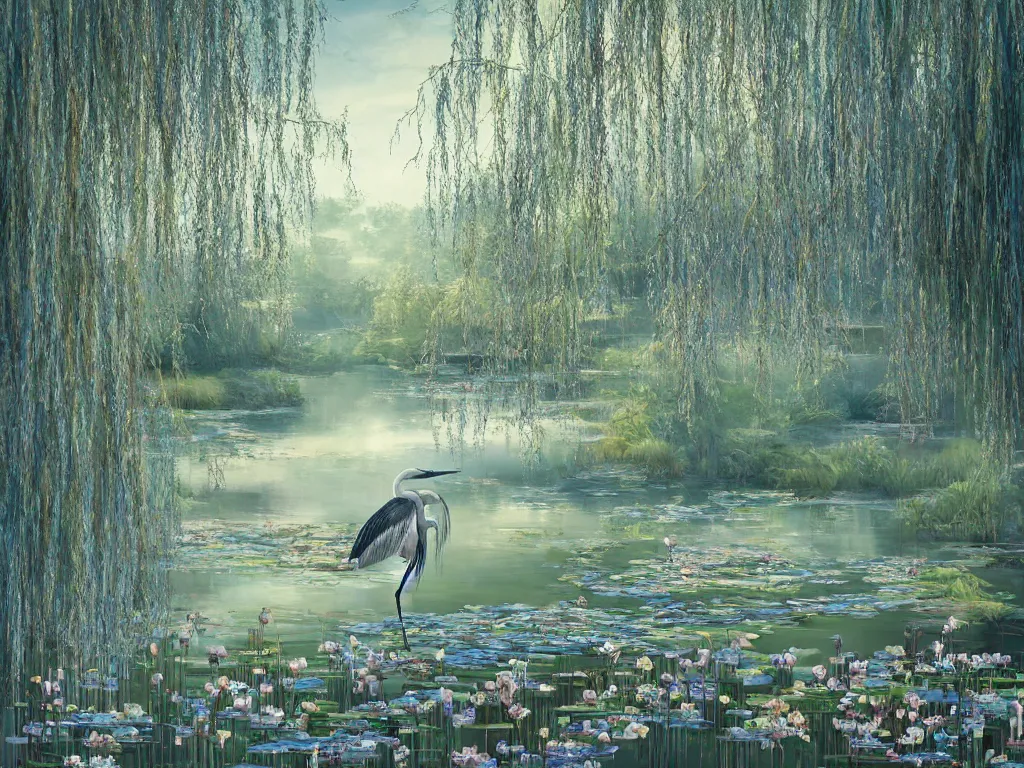 Image similar to a beautiful painting of blue heron in shallow river with waterfalls in distance, lake surrounded by beautiful willow and cherry blosom trees, lily pads, bullrushes, marsh, puffy clouds, morning dawn, intricate, highly detailed digital art, sylized, featured on artstation, by Artgerm and Mikko Lagerstedt